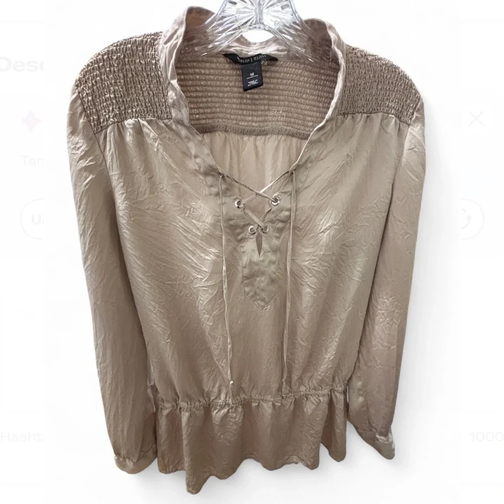 White House Black Market Gold Ruffled Blouse with Mandarin Collar Size M
